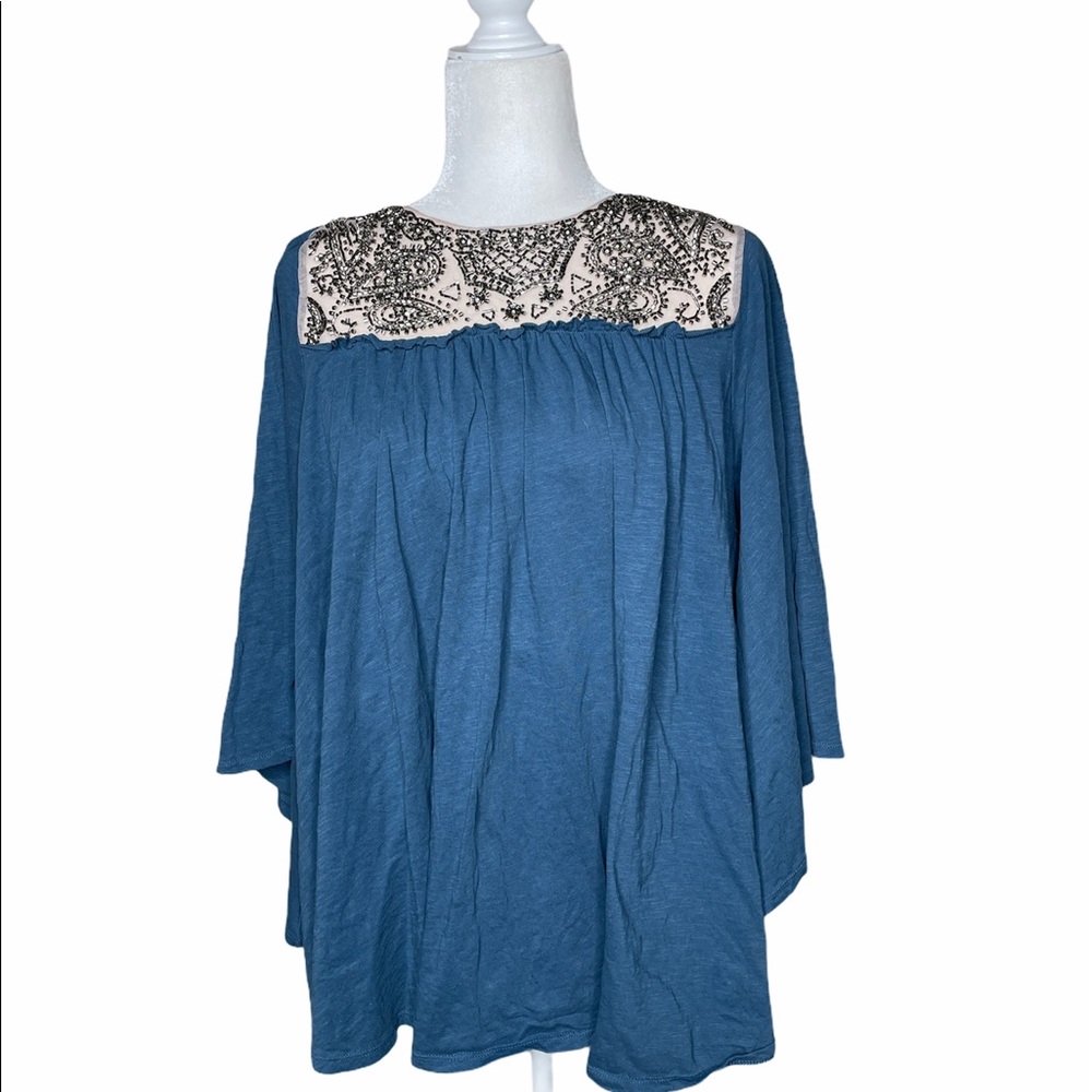 Deletta Blue Peasant Top Sequin Yolk Sz. Medium